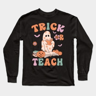 Groovy Halloween Trick or Teach Retro Floral Ghost Teacher Long Sleeve T-Shirt